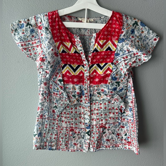 Anthropologie Let Me Be white red blue floral ruffle sleeve boho blouse sz 4 - Picture 2 of 7